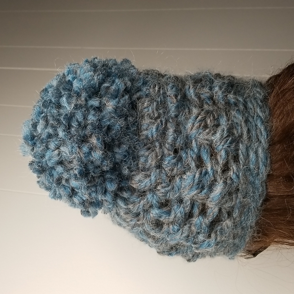 Blue Chunky Crochet Beanie Boho Hand Crafted Hat Pom